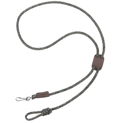 Camo braided polypropylene double whistle lanyard with brown leather accents and a branded leather slide.