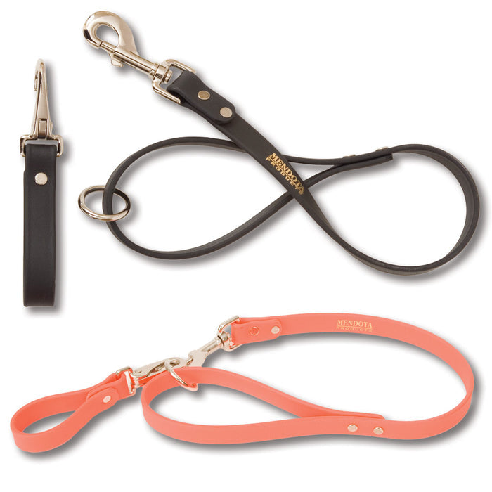Black and coral Mendota Durasoft belt loop leads with nickel-plated hardware and durable, water-resistant material.