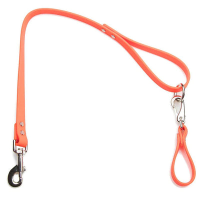 Bright orange Mendota Durasoft belt loop dog lead with durable nickel-plated hardware and a soft, water-resistant finish.