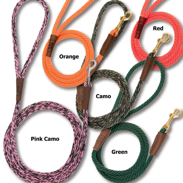 Mendota small braided rope dog leashes in various colors with leather accents and durable brushed nickel snaps.