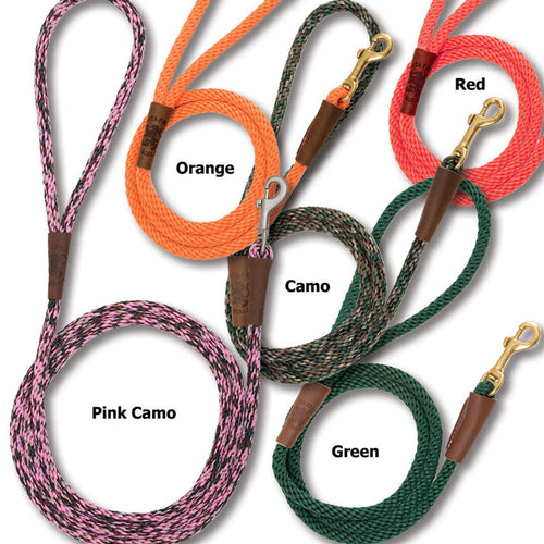 Mendota small braided rope dog leashes in various colors with leather accents and durable brushed nickel snaps.