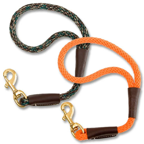 Two 16-inch Mendota traffic leads in orange and camo rope with solid brass snaps and embossed leather accents.
