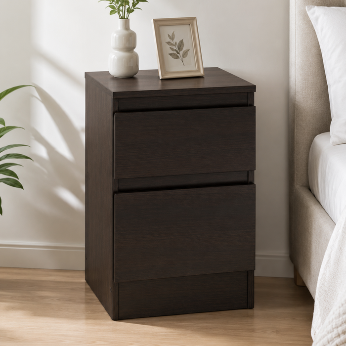Modern 2 Drawer Bedside Table for Bedroom, Dark Walnut Particle Board Nightstand with Spacious Storage