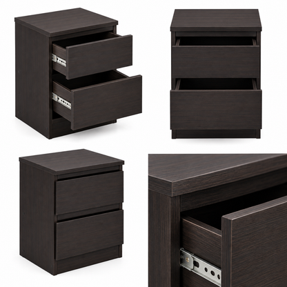 Modern 2 Drawer Bedside Table for Bedroom, Dark Walnut Particle Board Nightstand with Spacious Storage
