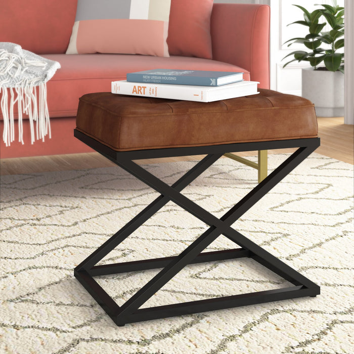 Modern Brown Faux Leather Ottoman with X-Base Metal Frame - Footrest & Accent Furniture for Living Room