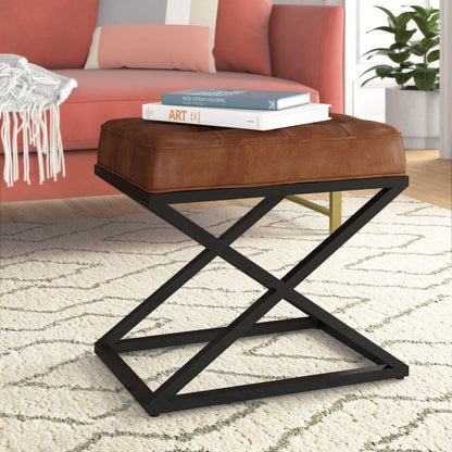 Modern Brown Faux Leather Ottoman with X-Base Metal Frame - Footrest & Accent Furniture for Living Room