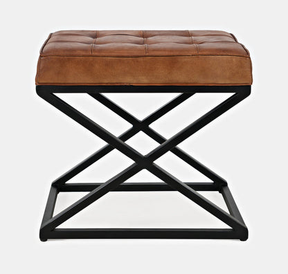 Modern Brown Faux Leather Ottoman with X-Base Metal Frame - Footrest & Accent Furniture for Living Room