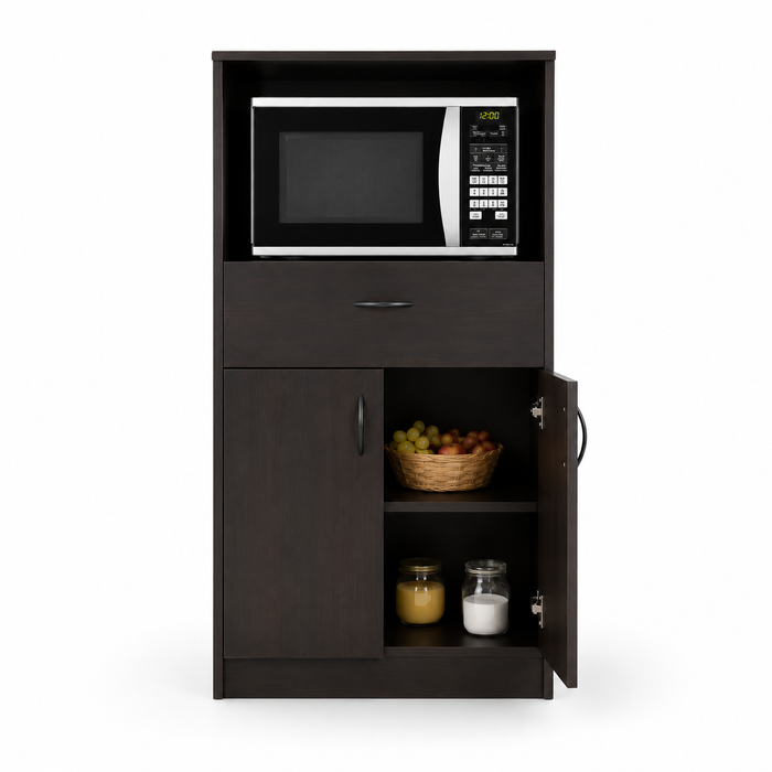 Modern Kitchen Microwave Cabinet with Drawer, Double Door Storage & Open Shelf | Walnut Finish