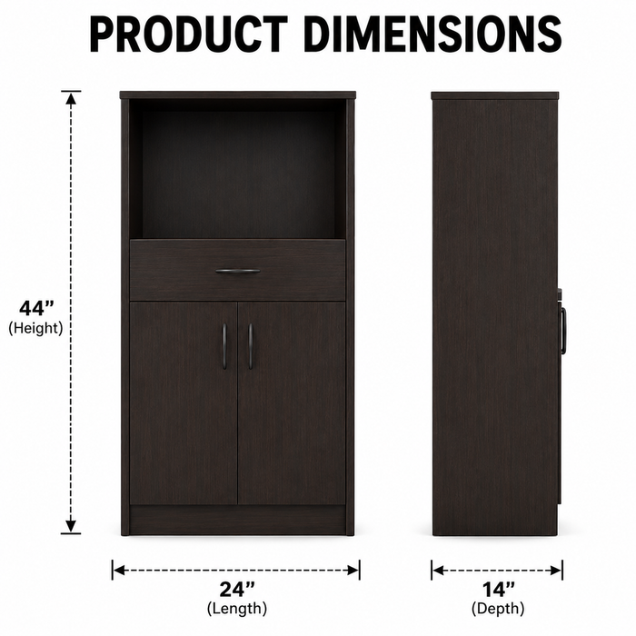 Modern Kitchen Microwave Cabinet with Drawer, Double Door Storage & Open Shelf | Walnut Finish