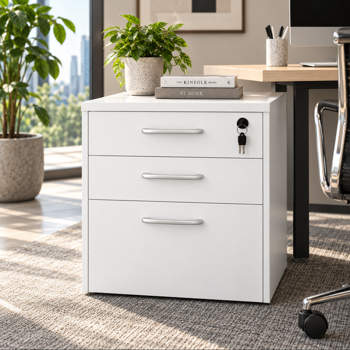 Modern White 3 Drawer Mobile Storage Cabinet Unit with Key Lock Metallic Handles and File Storage Under Desk Pedestal