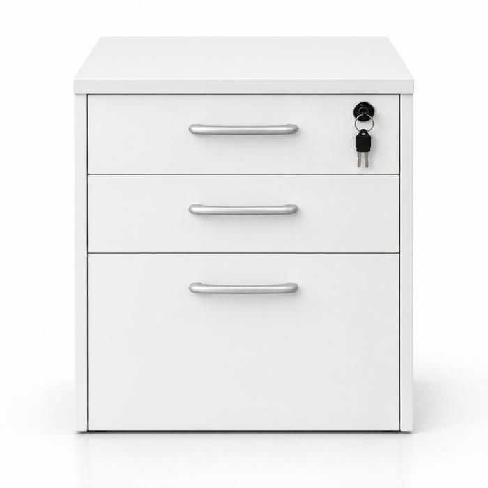 Modern White 3 Drawer Mobile Storage Cabinet Unit with Key Lock Metallic Handles and File Storage Under Desk Pedestal