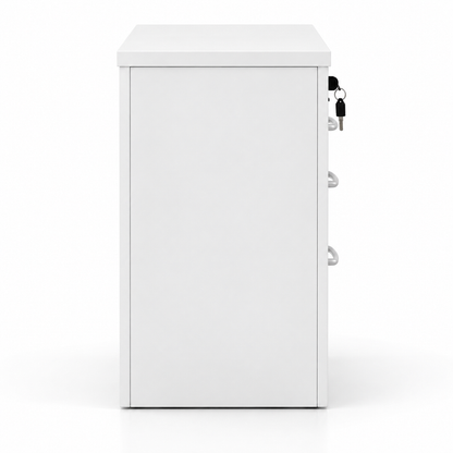 Modern White 3 Drawer Mobile Storage Cabinet Unit with Key Lock Metallic Handles and File Storage Under Desk Pedestal