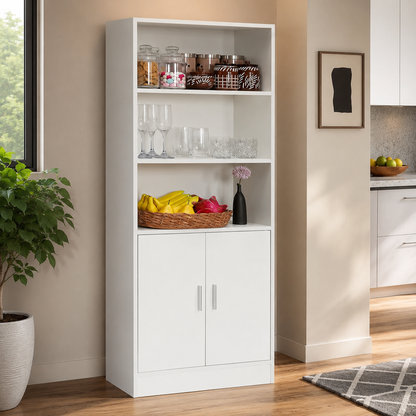 Modern White Storage Cabinet with Open Display Shelves, Double Door Cupboard, 3-Tier Multipurpose Organiser for Home