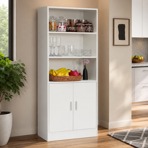 Modern White Storage Cabinet with Open Display Shelves, Double Door Cupboard, 3-Tier Multipurpose Organiser for Home