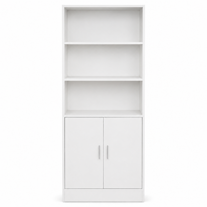 Modern White Storage Cabinet with Open Display Shelves, Double Door Cupboard, 3-Tier Multipurpose Organiser for Home