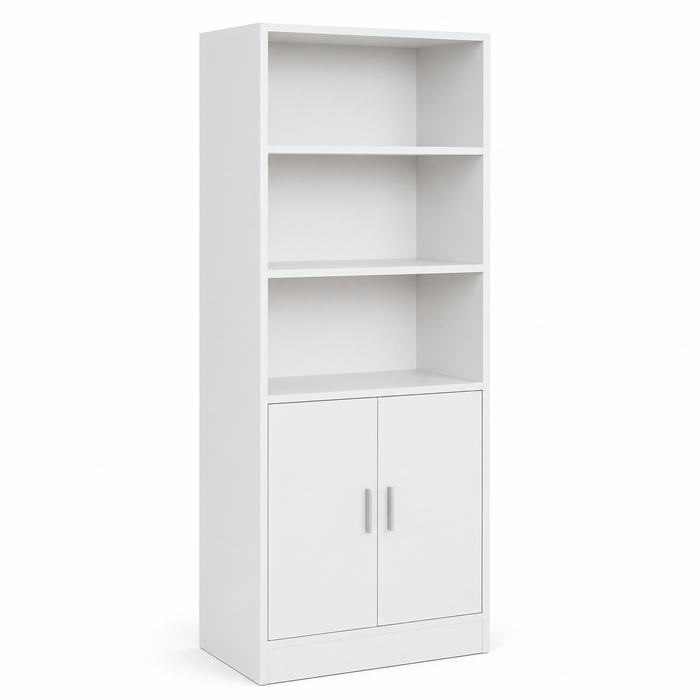 Modern White Storage Cabinet with Open Display Shelves, Double Door Cupboard, 3-Tier Multipurpose Organiser for Home