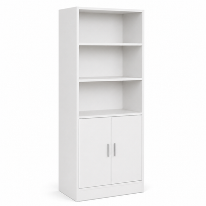 Modern White Storage Cabinet with Open Display Shelves, Double Door Cupboard, 3-Tier Multipurpose Organiser for Home