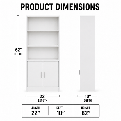 Modern White Storage Cabinet with Open Display Shelves, Double Door Cupboard, 3-Tier Multipurpose Organiser for Home