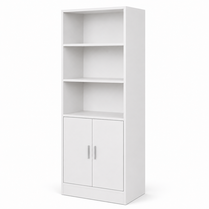 Modern White Storage Cabinet with Open Display Shelves, Double Door Cupboard, 3-Tier Multipurpose Organiser for Home