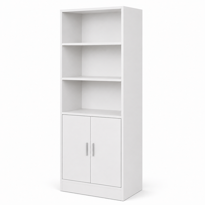 Modern White Storage Cabinet with Open Display Shelves, Double Door Cupboard, 3-Tier Multipurpose Organiser for Home