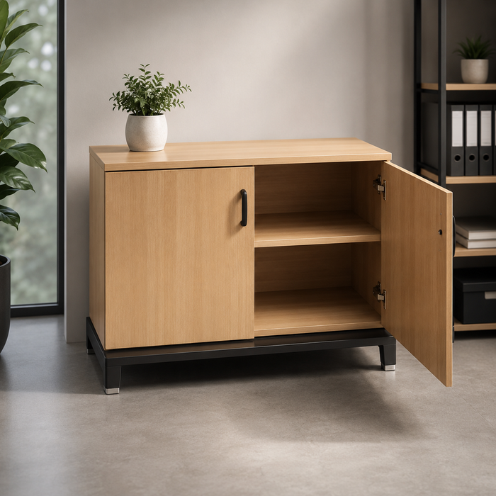 Modern Wooden Side Unit with Open Shelves & Storage for Office, Reception & Commercial Interior Spaces