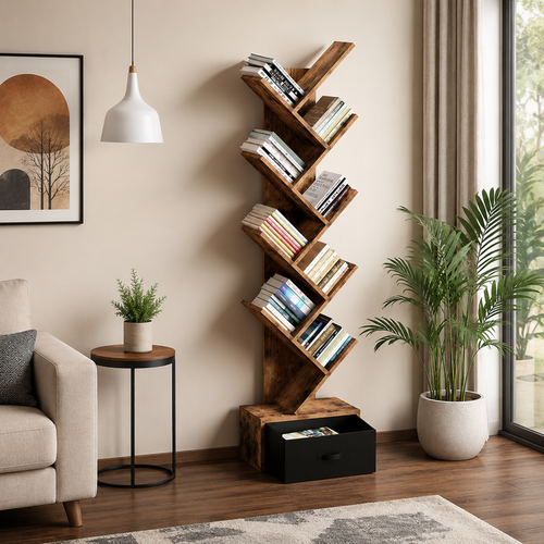 Modern Zig Zag Bookshelf with Open Display Shelves and Lower Storage Drawer, Tall Freestanding Bookcase for Living Room