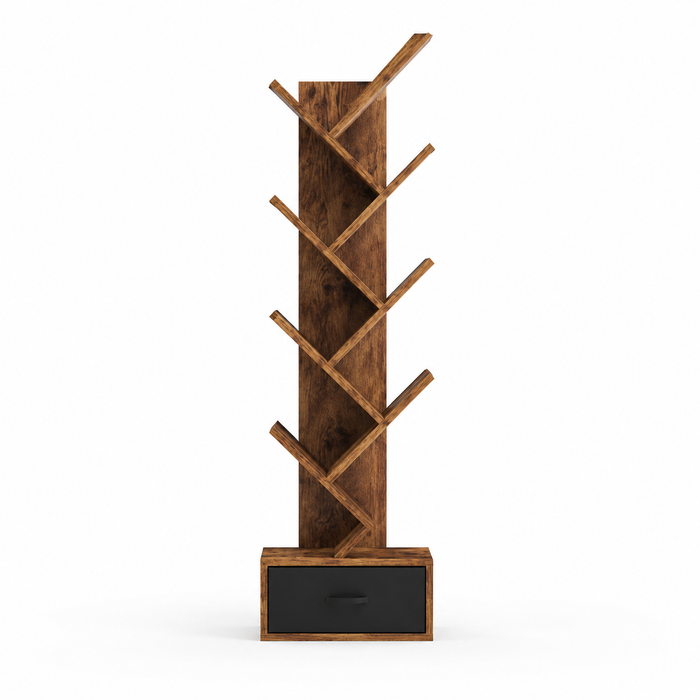 Modern Zig Zag Bookshelf with Open Display Shelves and Lower Storage Drawer, Tall Freestanding Bookcase for Living Room