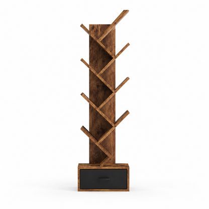 Modern Zig Zag Bookshelf with Open Display Shelves and Lower Storage Drawer, Tall Freestanding Bookcase for Living Room