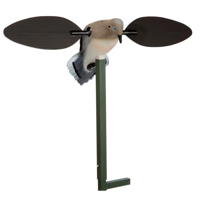 Mojo Voodoo Dove motorized decoy with realistic tan body and black spinning wings on a green metal support pole.