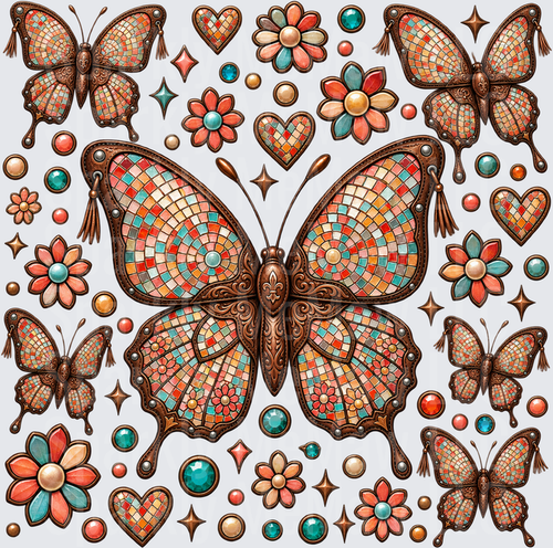 Mosaic Butterfly Floral Gems this is a 10x10 UV DTF Cut/Peel/Stick Sheet