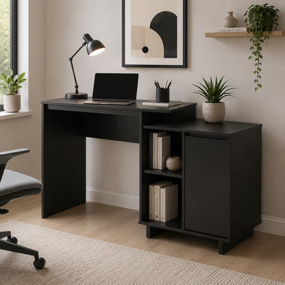 Office Computer and study table made in Pre-laminated board Drawers and Bookcase- Black Color