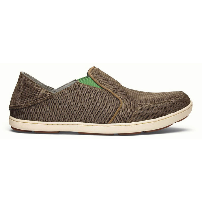OluKai Nohea men's slip-on shoe in brown mesh with a green interior accent and a durable, light-colored rubber outsole.