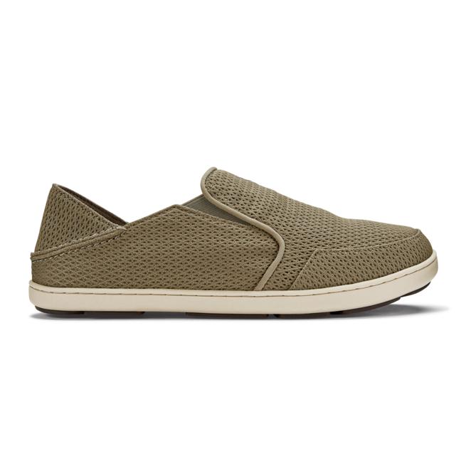Olive green OluKai Nohea men's slip-on shoes featuring a breathable mesh upper and a durable, non-marking rubber sole.