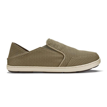 Olive green OluKai Nohea men's slip-on shoes featuring a breathable mesh upper and a durable, non-marking rubber sole.