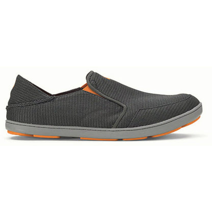 OluKai Nohea men's charcoal grey mesh slip-on shoe with orange accents and a durable non-marking rubber sole.