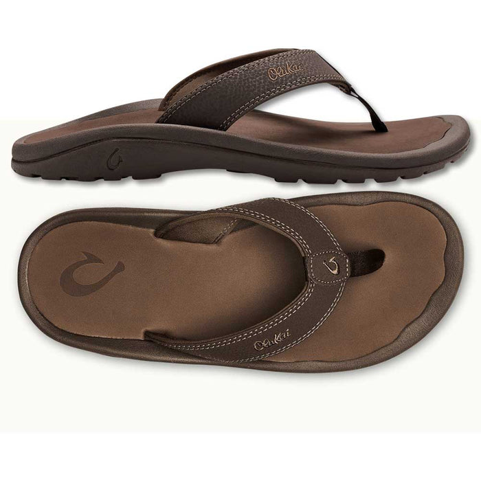 Dark brown Olukai Ohana men's water-resistant synthetic leather sandals with anatomical EVA footbeds and logo detail.
