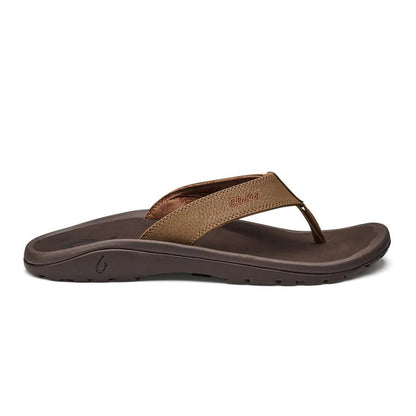 Olukai Ohana men's brown water-resistant sandal with synthetic leather straps and a supportive, molded EVA footbed.