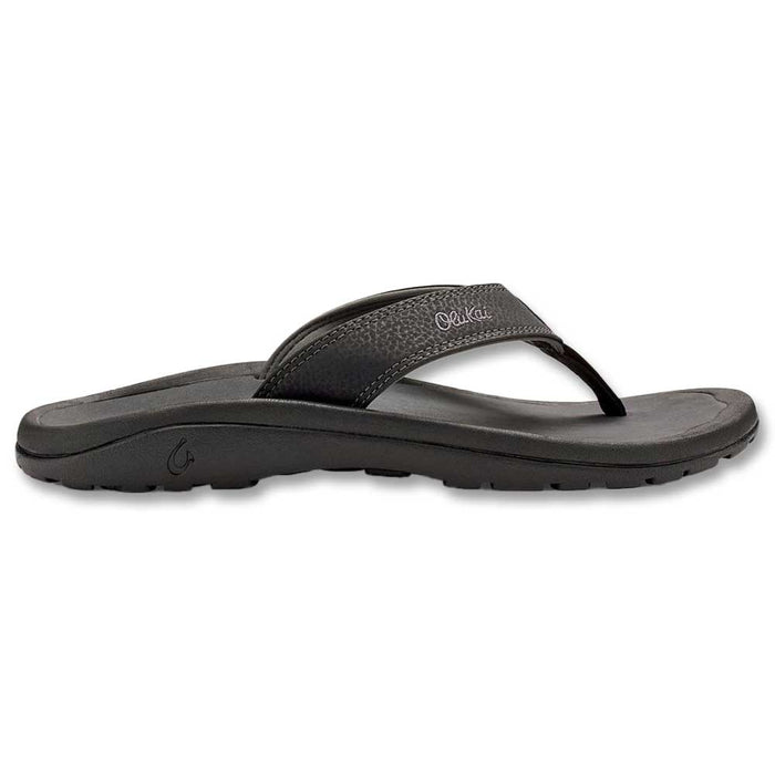 Black Olukai Ohana men's water-resistant sandal with synthetic leather straps, EVA footbed, and logo embroidery.