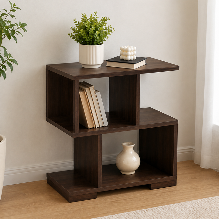 Open Shelf Bedside Table for Bedroom, Dark Walnut Particle Board Nightstand with 4 Tier Display Storage