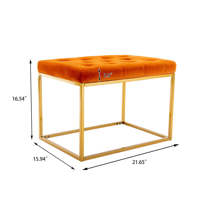 Orange Velvet Tufted Ottoman with Gold Metal Frame - Stylish Home Furniture Accent