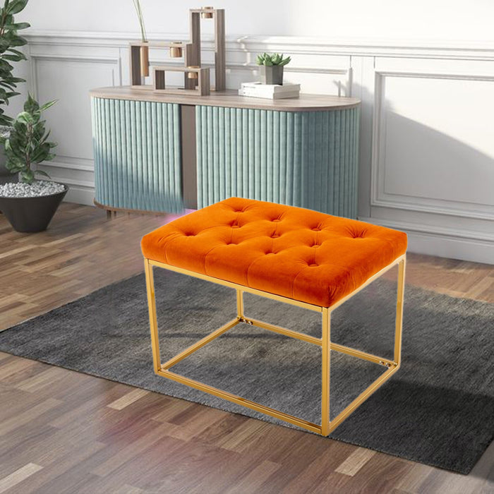 Orange Velvet Tufted Ottoman with Gold Metal Frame - Stylish Home Furniture Accent