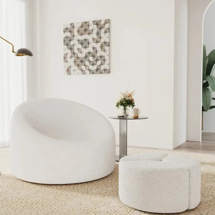 Ottoman Handcrafted Bouclé Upholstery with Cushioning, Durable Wooden Frame, Design, Perfect as Stylish Seating