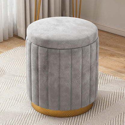 Ottoman Plouffe's Round Velvet Storage with Gold Base - Velvet Upholstered Foot Rest Stool, for Living Room Bedroom-Grey