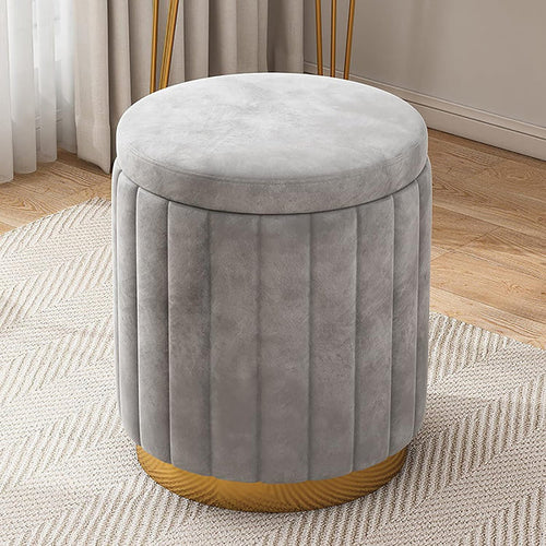 Ottoman Plouffe's Round Velvet Storage with Gold Base - Velvet Upholstered Foot Rest Stool, for Living Room Bedroom-Grey