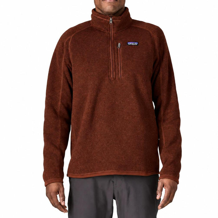 Patagonia men's rust-colored Better Sweater 1/4 zip fleece pullover with a zippered chest pocket and stand-up collar.