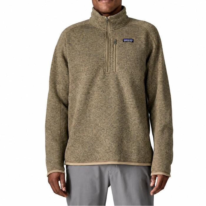 Patagonia men's olive heather Better Sweater 1/4 zip fleece pullover with a stand-up collar and chest pocket.