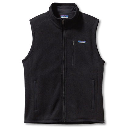 Black Patagonia Better Sweater fleece vest with a full-zip front, stand-up collar, and zippered chest pocket.