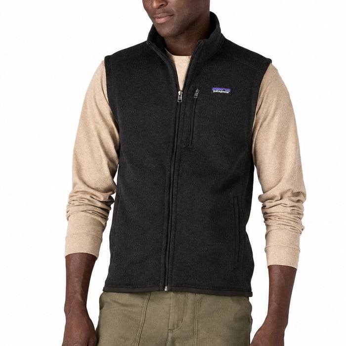 Black Patagonia Better Sweater fleece vest with a full-zip front, stand-up collar, and zippered chest pocket.