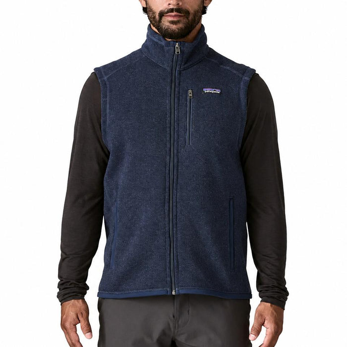 Navy blue Patagonia Better Sweater fleece vest with a full-zip front, stand-up collar, and zippered chest pocket.