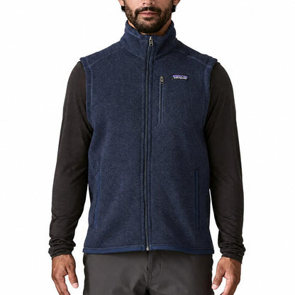 Navy blue Patagonia Better Sweater fleece vest with a full-zip front, stand-up collar, and zippered chest pocket.